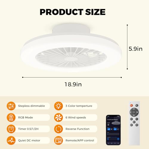 18.9" RGB Flush Mount Ceiling Fan with Light, 6 Speeds 3 Colors, Timer - image 2