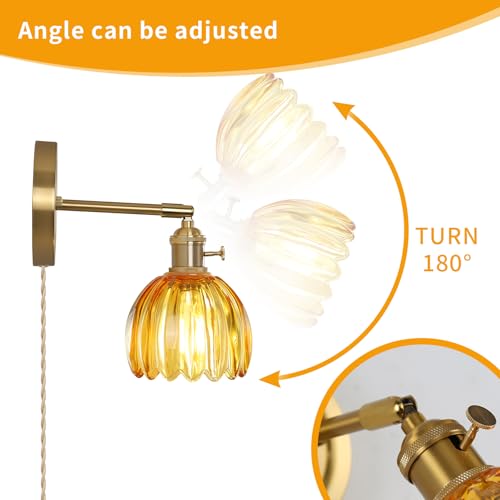 Image of Plug in Wall Sconces Set of 2 Vintage Bedroom Bedside Wall Lights with Tulip Glass Shade 180 Adjustable Victorian Art Modern Wall Lamp Fixtures Decor for Bathroom Living Room Corridor