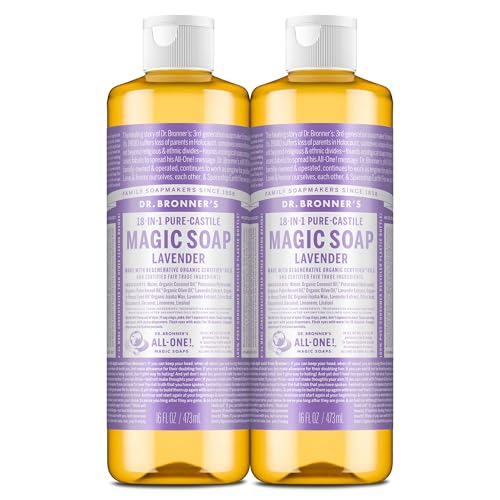 Dr. Bronners Pure-Castile Magic Liquid Soap (Lavender 16 Ounce 2-Pack)- Made with Regenerative Organic Certified Oils 18-in1 Uses: Face Hair Hand & Body Soap Laundry Pets- Concentrated Vegan