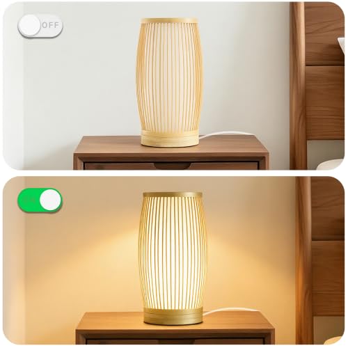 Image of Set of 2 Small Table Lamps, 11 inch Japandi Bamboo Bedside Lamps with Beige Linen Shades, Boho Nightstand Lamps for Bedroom, Living Room, Dorm Room, Natural