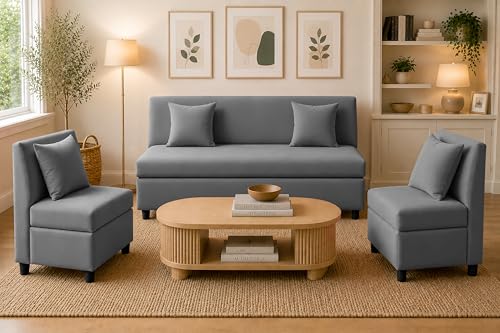 Image of 3+1+1 Modern Velvet Fabric Sofa Set for Living Room | Three Seater Sofa with 2 Single Seater Chairs | for Home, Office| Grey