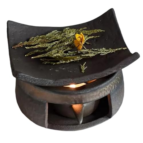 Cedar and Zen Herb Burner, Handmade Ceramic Aromatherapy Stove Essential Oil Burner & Wax Warmer, Zen Incense Burner with Tealight Candle Holder for Home, Office, Meditation & Relaxation