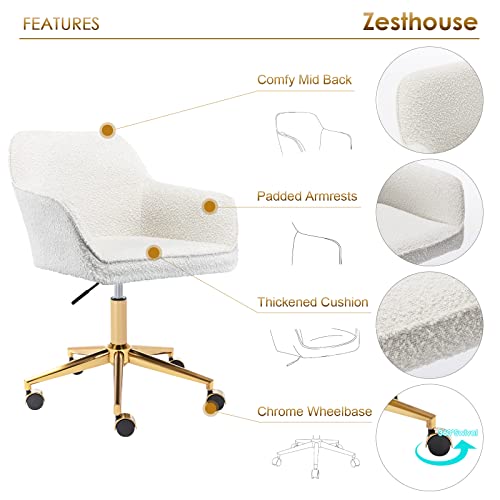 Zesthouse Boucle Home Office Chair Modern Desk Chair With Wheels, White Vanity Chair For Girls Women, Upholstered Swivel Armchair For Bedroom, Height Adjustable Computer Task Chair, Gold Base #TOP2