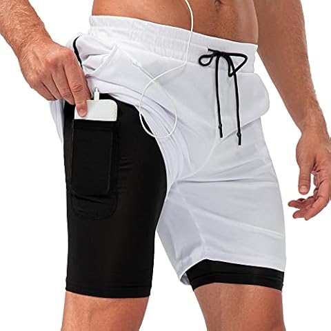 COTOP Men‘s Running Shorts, 2 in 1 Quick Dry Workout Shorts with Phone Pockets, 7 inch Gym Yoga Basketball Sports Shorts (White 2XL) Cover