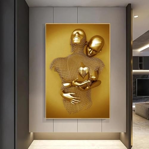 Tableau sur toile amoureux dorés 54x110 cm avec cadre pour salon moderne