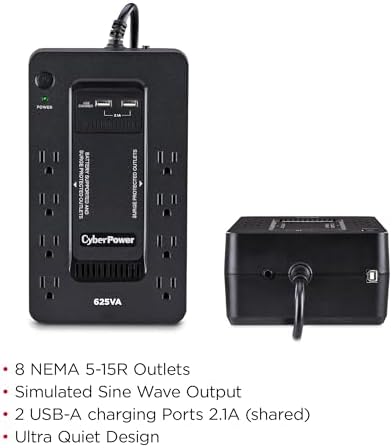 CyberPower ST625U Standby UPS Battery Backup and Surge Protector, 625VA/360W, 8 Outlets, 2 USB Charging Ports, Compact, UL Certified