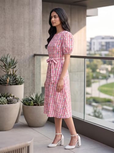 Image of HELLCAT Women Floral Fit & Flare Midi Dress | Round Neck, Puff Short Sleeve, Waist Tie-Up Belt | Casual Brunch Wear, Western One Piece, A-Line Long Frock, Summer Party Outfit