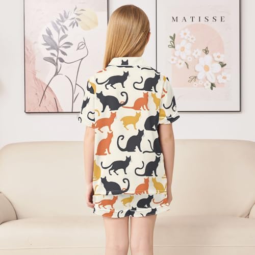 ALAZA Orange Black Kitten Cat Satin Pajamas Set Short Sleeve Button Down Sleepwear Summer Pjs 2 Piece4