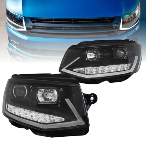 CR-Lights LED Light Tube Scheinwerfer Set Schwarz für VW T6 Transporter 2015–2019 mit LED Tagfahrlicht & dynamischem Blinker