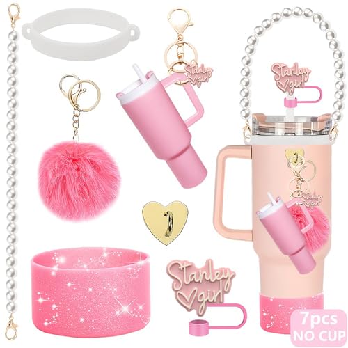 Image of House of Quirk 7 PCS Cup Accessories Set | Tumbler Accessories for 30oz & 40oz | Silicone Boot, Handle Strap, Tumbler Keychain & Straw Covers (Pink Kawai, Tumbler Not Included)