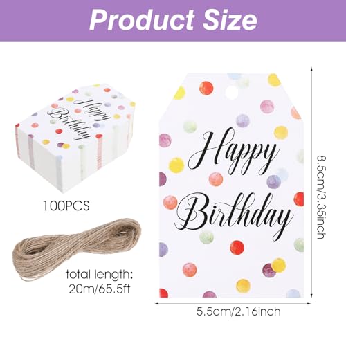 100Stk Geschenkanhänger Geburtstag,Happy Birthday Kraftpapier Tags,Grußkarten mit Geburtstagsanhängern,Happy Birthday-Aufkleber mit 20m Schnur,Geburtstagsanhänger,für Geburtstagsgeschenke Einladungen