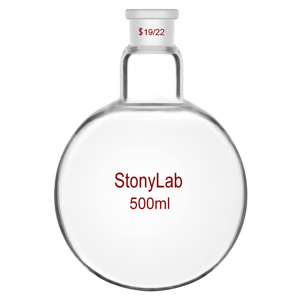 StonyLab Frasco RBF de borosilicato vidrio redondo, cuello redondo, 500mL, con junta exterior estándar 19/22-500ml