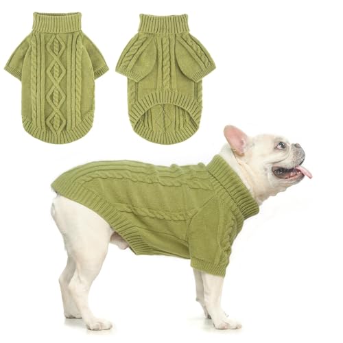 Image of BEAUTYZOO Dog Sweater for Small Medium Dogs, Knit Clothes with Harness Hole | Turtleneck Pullover Fall Winter Knitwear, Fuzzy Fleece Cold Weather Coat for Girl Boy Puppy, Warm Pet Sweatshirt, Green SM Tu