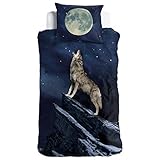2-teilige, glatte und weiche Bett-Garnitur mit einem prachtvollen, heulenden Wolf, strahlendem Vollmond und funkelndem Sternen-Himmel sowie Felsenlandschaft, Wendeoptik mit einfarbig blauer Abseite