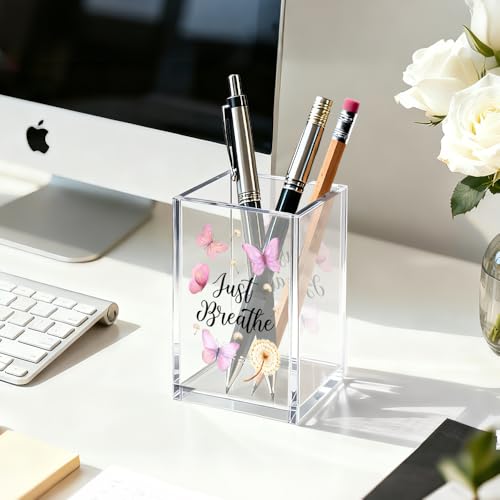 Image of Just Breathe Acrylic Cosmetic Organizer Pen Holder, Anxiety Relaxing Acrylic Desk Holder Cup for Pen Pencil, Dandelion Desk Organizer, Mental Health Office Gifts for Coworker Leader Friend