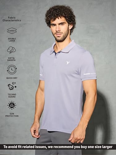 Image of TECHNOSPORT Men's Solid Slim Fit Polo Collar T-Shirt TECHNOCOOL+ Half Sleeve Button Polyester for Gym Running Workout UPF50+ Anti Odour