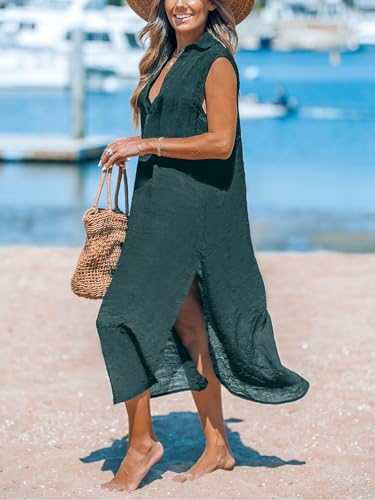 Image of CUPSHE Women's Swimsuit Coverup Casual Sleeveless Side Split Long Cardigans V Neck Midi Beach Dress