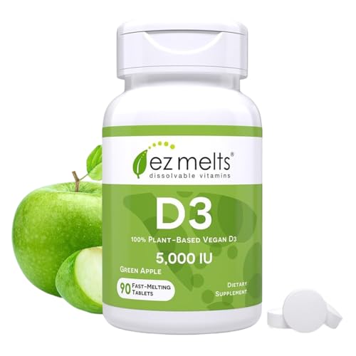 EZ Melts Dissolvable Vitamin D3 5 000 IU - Vegan Vitamin D Supplement for Bone & Teeth Support - No Artificial Flavors - Plant-Based & Non-GMO - Green Apple - 90 Dissolvable Tablets (90 Servings)