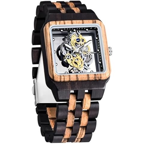 Dentily Exquisite Square Hollowed Out Quart Mens Wooden Watches Transparent Dial Mens Watches Cover