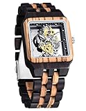 Dentily Exquisite Square Hollowed Out Quartz Mens Wooden Watches Transparent Dial Mens Watches