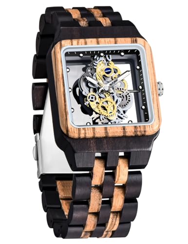 Dentily Exquisite Square Hollowed Out Quartz Mens Wooden Watches Transparent Dial Mens Watches