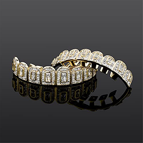 ICEDIAMOND Fantex Iced Out CZ Baguette Diamond Teeth Grillz, 18K Gold Plated Top and Bottom Hip Hop