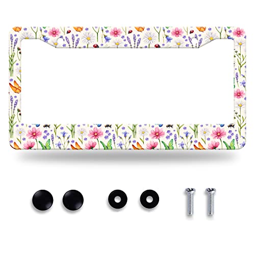 Watercolor Summer Wild Flowers License Plate Frame Insects Floral License Plate Stainless Steel Rust-Proof Auto Parts Colorful License Plate Cover Decorative With Screws Size 12.3" X 6.3" Men Women #TOP11