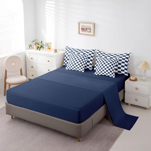 Image of Erosebridal White Blue Plaid Queen Comforter Set with Sheets 7 Piece Navy Blue Checkerboard Bedding Set for Kids Boys Teen,Checkered Grid Bed in A Bag Modern Aesthetic Geometric Bed Set