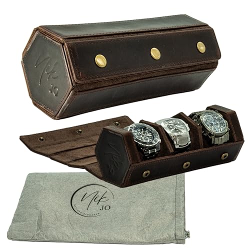 Nik Jo Leather Watch Roll Travel Case for Men, Hexagonal