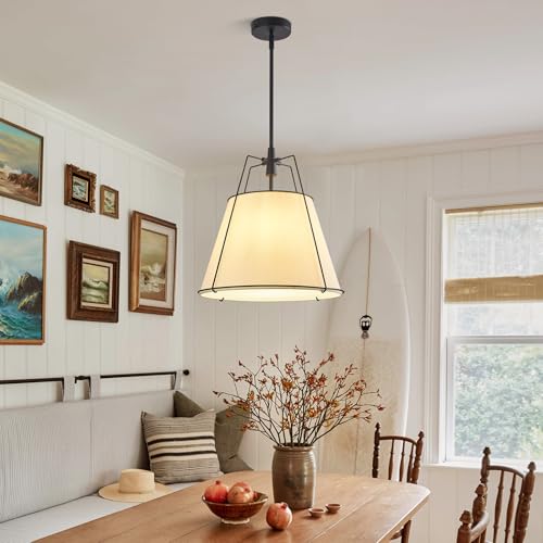 ZVXREZLD Modern Pendant Light Fixtures with 16" White Linen Fabric Shade, Adjustable Hanging Light Fixture,3-Light Drum Black Vintage Chandelier for Kitchen Island Bedroom Dining Room Foyer Entryway by ZVXREZLD - Used condition - Image 4