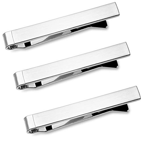 Tie Bar Set 3-Pc Tie Clips for Skinny Ties, 1.5 Inch w/Gift Box Puentes Denver (Brushed Silver)