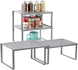 LIANTRAL Kitchen Cupboard Organiser Set of 4, Shelves for Cupboard Expandable & Stackable, Kitchen Storage Shelf Made of Metal for Kitchen Cabinets, Counter-Tops - Silver