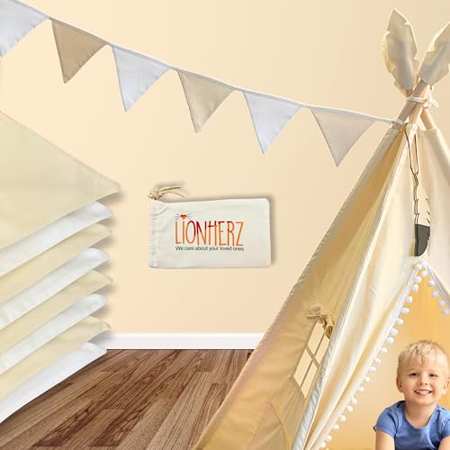 LIONHERZ® Guirlande de fanions de 250 cm en 100 % coton crème/blanc [double couche] avec sac | Guirlande en tissu beige avec 8 fanions | Décoration pour chambre d'enfant, anniversaire, carnaval,