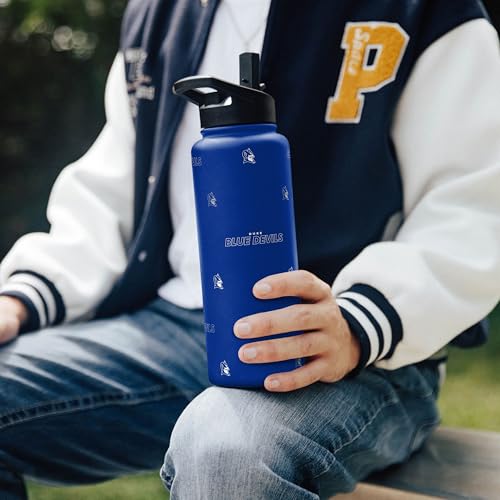 Image of Logo Brands NCAA Duke Blue Devils Step & Repeat 34 oz Stainless Steel Quencher Bottle - All Over Logo Design, No-Spill Lid, Easy Carry Handle - Keeps Drinks Cold For Hours