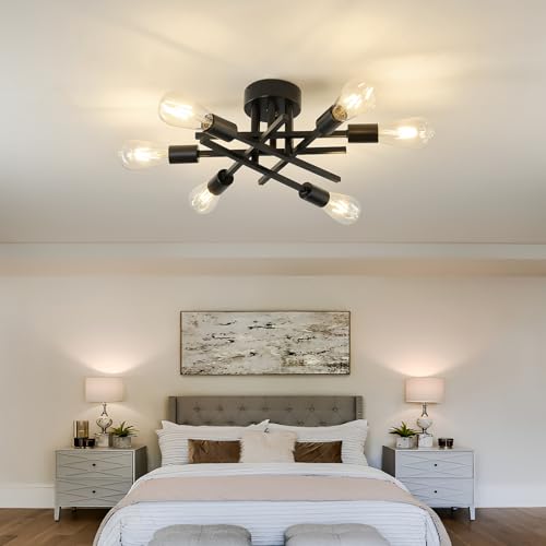 Image of Semi Flush Mount Motion Sensor Ceiling Light Fixture,6 Lights Black Vintage Matte Sputnik Chandelier Ceiling Lamp with E26 Bulb Base for Farmhouse Dining Room Living Room Bedroom Study Kitchen