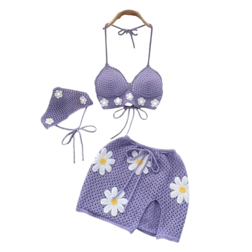 Elegant Swimsuit Set Crocheted Coverups Skirt Hollow Out Top And Headscarf For Fashion Women Girls