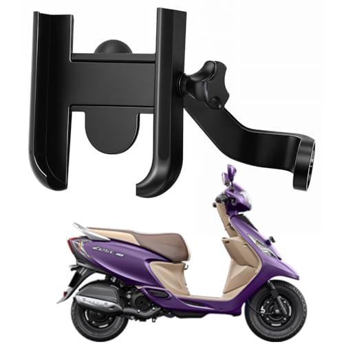 Image of Metal CNC Mobile Holder for Scooter, Scooty & Motorcycle Compatible for TVS Zest 110, Mirror Mount, 360 Rotation, Strong Anti-Slip Grip, Wide Adjustable Fit for All Smartphones (Black)