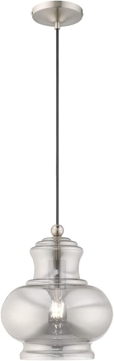 Livex Lighting 41243-91 Art Glass - 9.88" One Light Mini Pendant, Brushed Nickel Finish with Smoke Glass