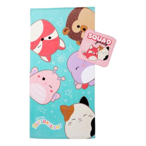 Squishmallows Kids Bath/Pool/Beach Soft Absorbent Cotton Terry Towel with Washcloth 2 Piece Set, 50 in x 25 in, (Officially Licensed Product) by Franco