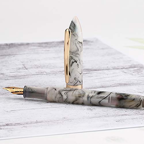 Lanxivi S1 Fountain Pen Bent Nib Fude Pen, Fine To Broad Size,Gray Marble Celluloid With Pen Pouch #TOP3