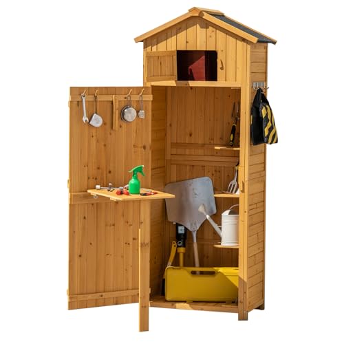 HOMASIS Abri de jardin en bois, maison à outils de jardin avec étagère pliante et crochets, abri d'extérieur imperméable et peu encombrant, marron, 65 x 42 x 180,5 cm