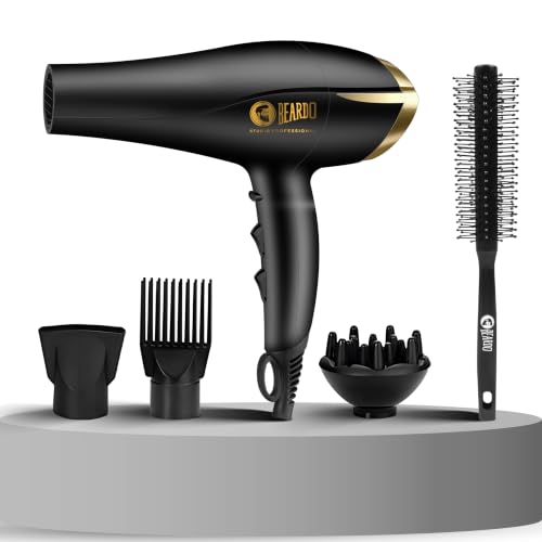 Image of Beardo Studio Professional Hair Dryer with Roller Hair Brush | High Power Fast Drying & Volumizing Brush for Frizz-Free Salon Style Finish | Multiple Heat Settings | Professional Grooming Tool for Men | Set of 2