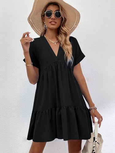 Image of Women's Elegant Floral Dress Coll. (All-Seasons) - Sleeveless /Short /Midi, V-Neck Ruffle, Fashion Casual Party Dresses