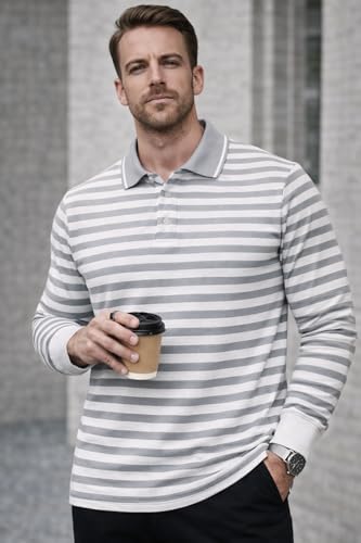 Image of Mack Jonney Men's Premium Striped Polo T-Shirt | Long Sleeve Cotton Blend | Casual & Smart Wear-M6721