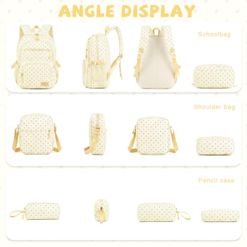 Image of PALAY School Bag for Girls Yellow Polka Dot Backpack with Crossbody Bag & Pencil Pouch Large Oxford Cloth Daypack Set Waterproof Multi-compartments Bookbag for Primary, Elementary, Middle School