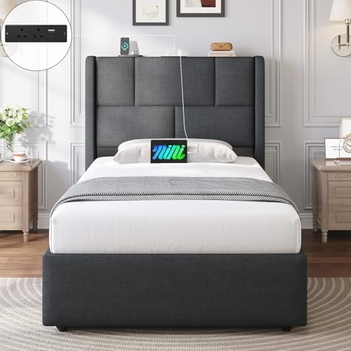 Brinlawb 3ft Ottoman Single Bed Frame with Hydraulic Lift-Up Storage Upholstered Bed Frame Single with Height-Adjustable Headboard & Charging Station Ample Under-Bed Storage Space 90x190 cm Grey