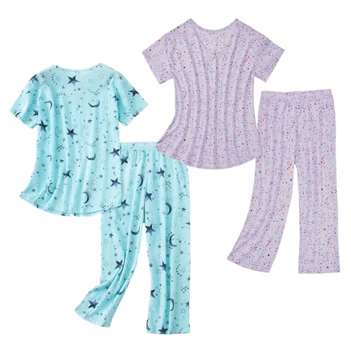 American Trends 2 Pack Cotton Pajamas for Women Set Two Piece Short Sleeve Sleepwear Tops with Capri Pants Summer Pj Set3