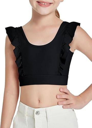 Haloumoning - Haloumoning Mädchen Crop Top Sport BHS Rüschen Unterwäsche Fliegende Ärmelloses Ruffle Bauchfrei Yoga Ballett Tshirt für Kinder Tank Tops Schwarz 150
