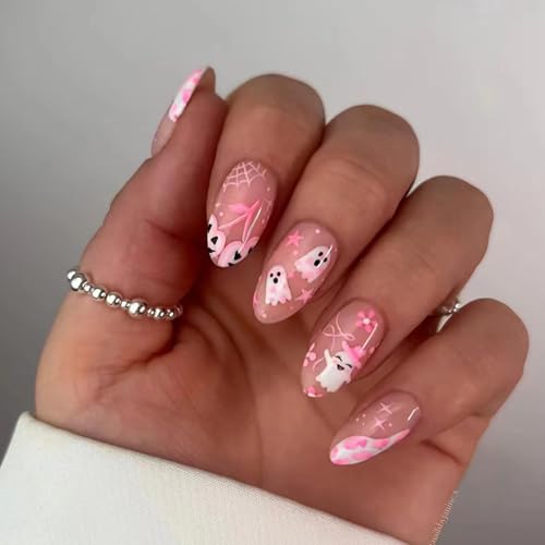 24Pcs Halloween Press on Nails Short Almond White Ghost Pink Fake...
