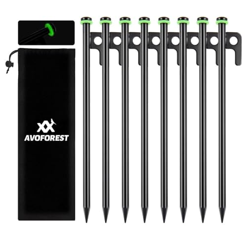 AVOFOREST 8Inch Heavy Duty Tent Stakes,8 PCS Tent Pegs Metal+Fluorescent Silicone Rings+ Storage Bag for Camping